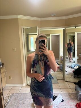 Sleeveless Midi Halter Dress in Navy Multi